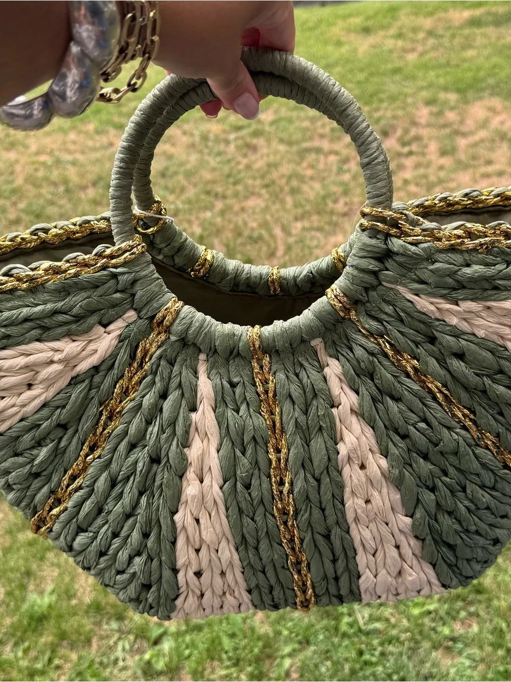 Urban Expressions Olive, Cream & Gold Braided Circle-Handle Tote - Picture 2 of 4